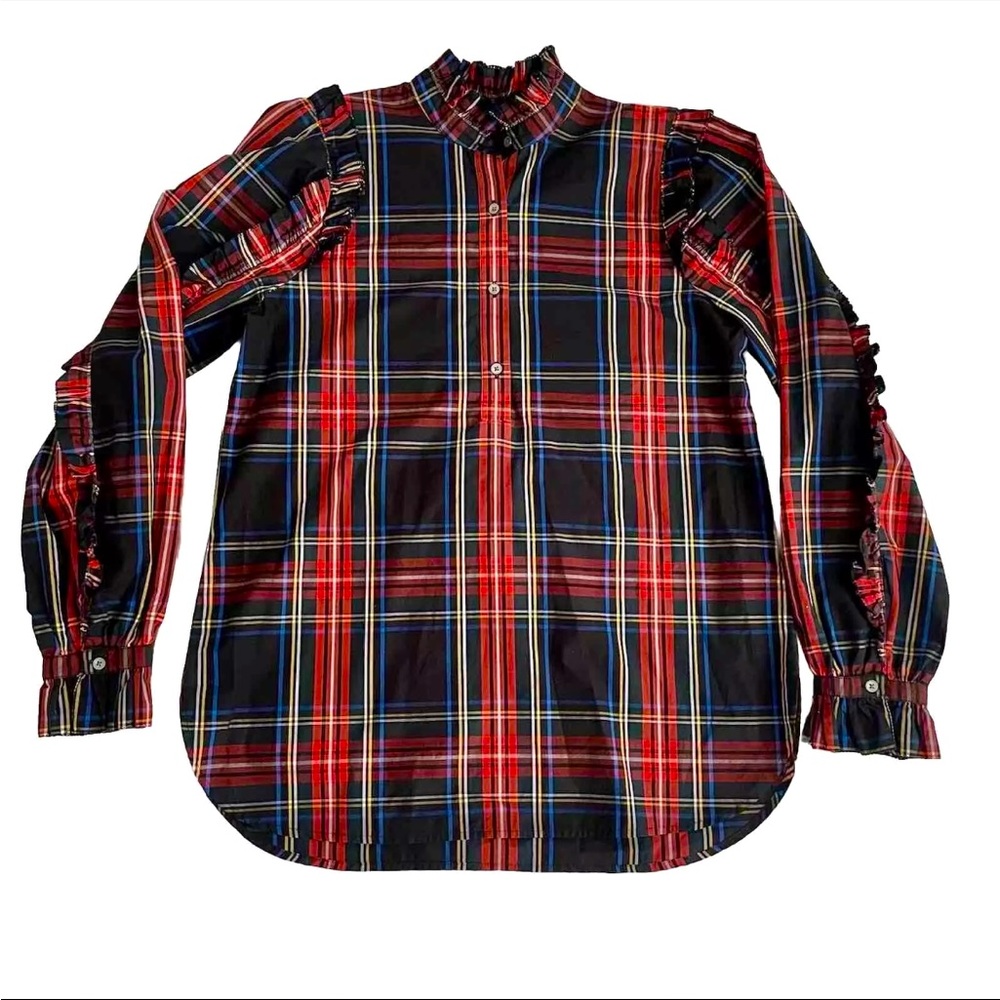 J Crew Tartan Plaid Ruffle Holiday Button Up Top Size Small